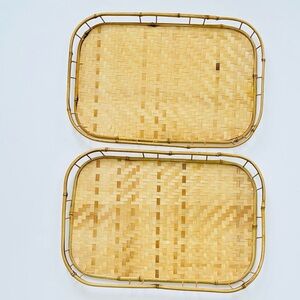 TWO VINTAGE BOHO BAMBOO REED WOVEN RATTAN SERVING TRAYS MCM